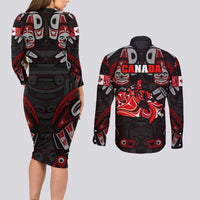 Haida Canada Day Couples Matching Long Sleeve Bodycon Dress and Long Sleeve Button Shirt Totem Inspired Maple Leaf Indigenous Art