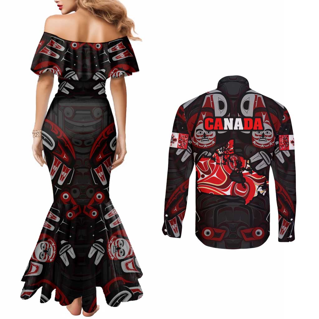 Haida Canada Day Couples Matching Mermaid Dress and Long Sleeve Button Shirt Totem Inspired Maple Leaf Indigenous Art