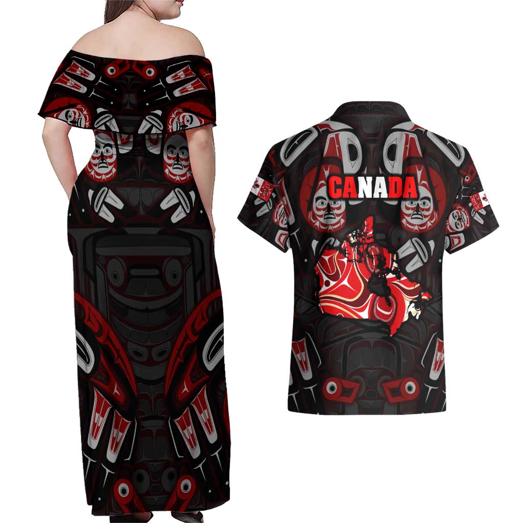 Haida Canada Day Couples Matching Off Shoulder Maxi Dress and Hawaiian Shirt Totem Inspired Maple Leaf Indigenous Art