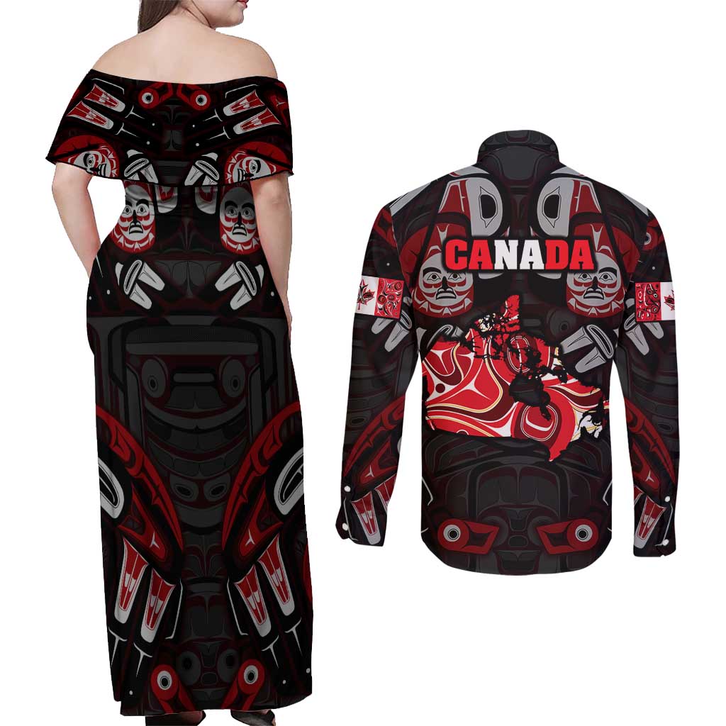 Haida Canada Day Couples Matching Off Shoulder Maxi Dress and Long Sleeve Button Shirt Totem Inspired Maple Leaf Indigenous Art