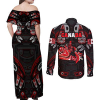 Haida Canada Day Couples Matching Off Shoulder Maxi Dress and Long Sleeve Button Shirt Totem Inspired Maple Leaf Indigenous Art