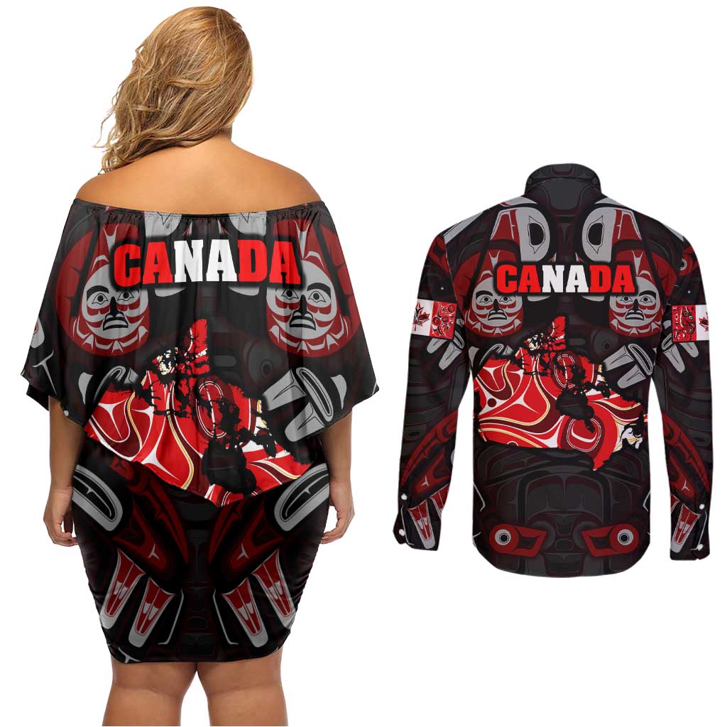 Haida Canada Day Couples Matching Off Shoulder Short Dress and Long Sleeve Button Shirt Totem Inspired Maple Leaf Indigenous Art