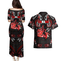 Haida Canada Day Couples Matching Puletasi and Hawaiian Shirt Totem Inspired Maple Leaf Indigenous Art