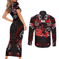 Haida Canada Day Couples Matching Short Sleeve Bodycon Dress and Long Sleeve Button Shirt Totem Inspired Maple Leaf Indigenous Art