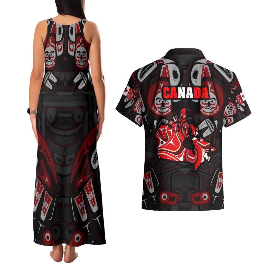 Haida Canada Day Couples Matching Tank Maxi Dress and Hawaiian Shirt Totem Inspired Maple Leaf Indigenous Art