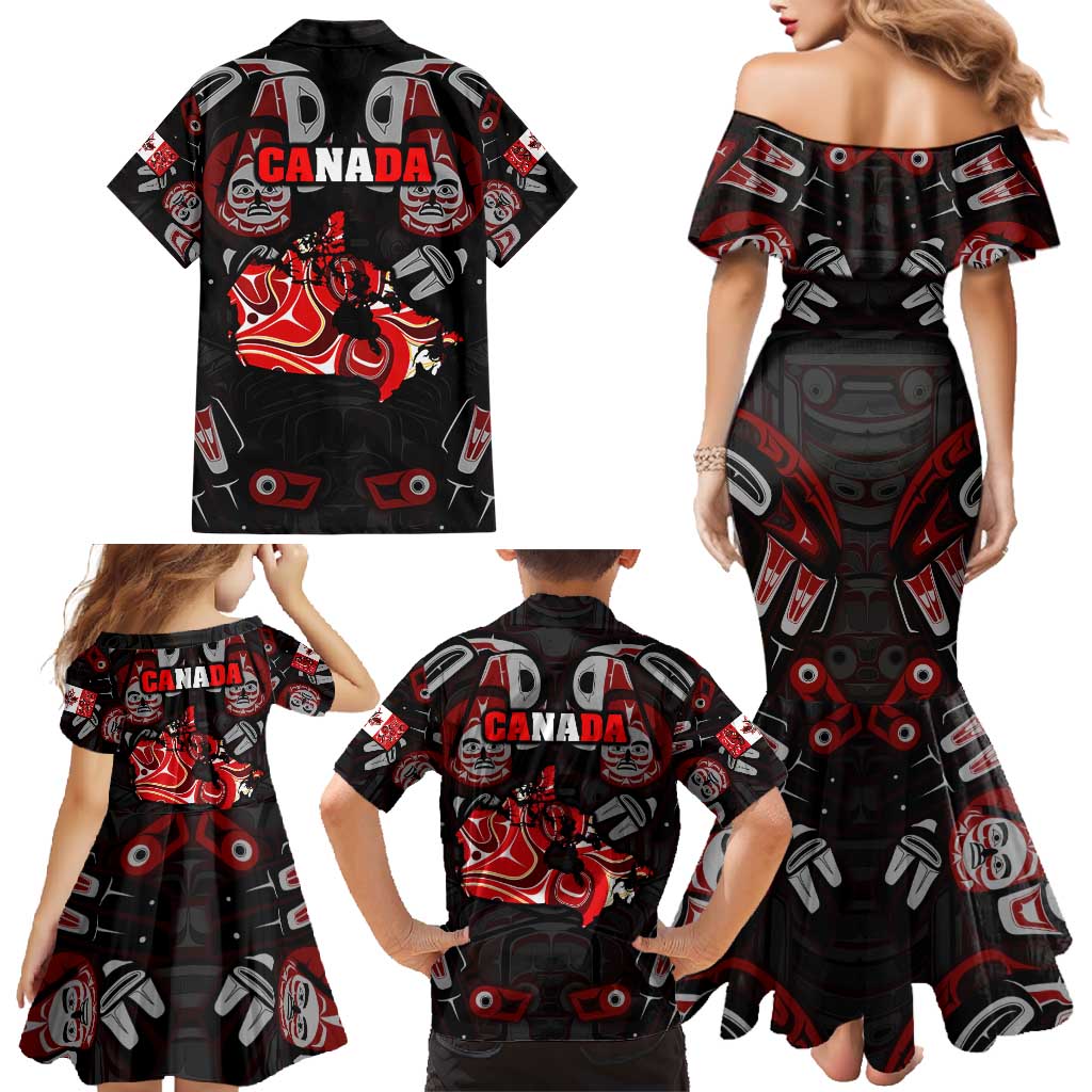 Haida Canada Day Family Matching Mermaid Dress and Hawaiian Shirt Totem Inspired Maple Leaf Indigenous Art