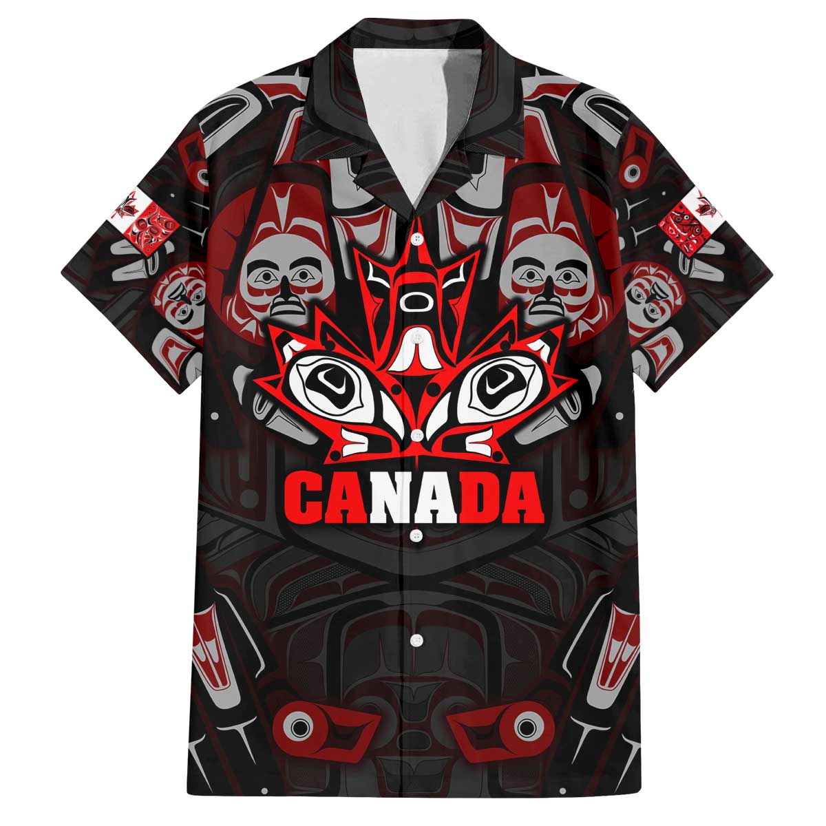 Haida Canada Day Family Matching Off The Shoulder Long Sleeve Dress and Hawaiian Shirt Totem Inspired Maple Leaf Indigenous Art