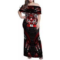 Haida Canada Day Family Matching Off Shoulder Maxi Dress and Hawaiian Shirt Totem Inspired Maple Leaf Indigenous Art