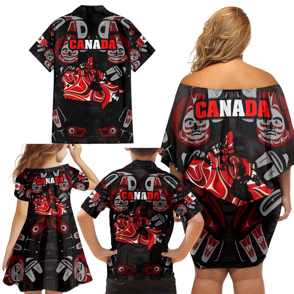 Haida Canada Day Family Matching Off Shoulder Short Dress and Hawaiian Shirt Totem Inspired Maple Leaf Indigenous Art
