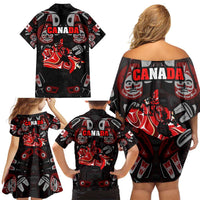 Haida Canada Day Family Matching Off Shoulder Short Dress and Hawaiian Shirt Totem Inspired Maple Leaf Indigenous Art