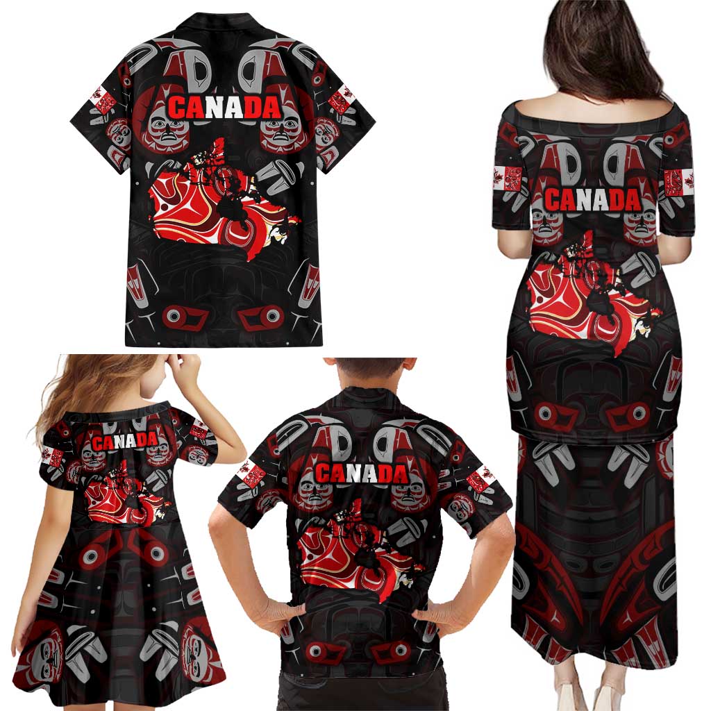 Haida Canada Day Family Matching Puletasi and Hawaiian Shirt Totem Inspired Maple Leaf Indigenous Art