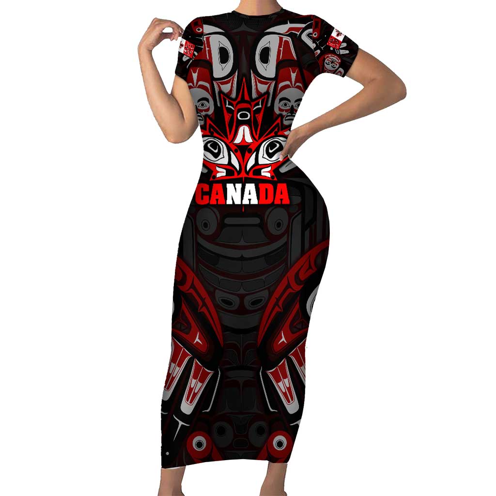 Haida Canada Day Family Matching Short Sleeve Bodycon Dress and Hawaiian Shirt Totem Inspired Maple Leaf Indigenous Art