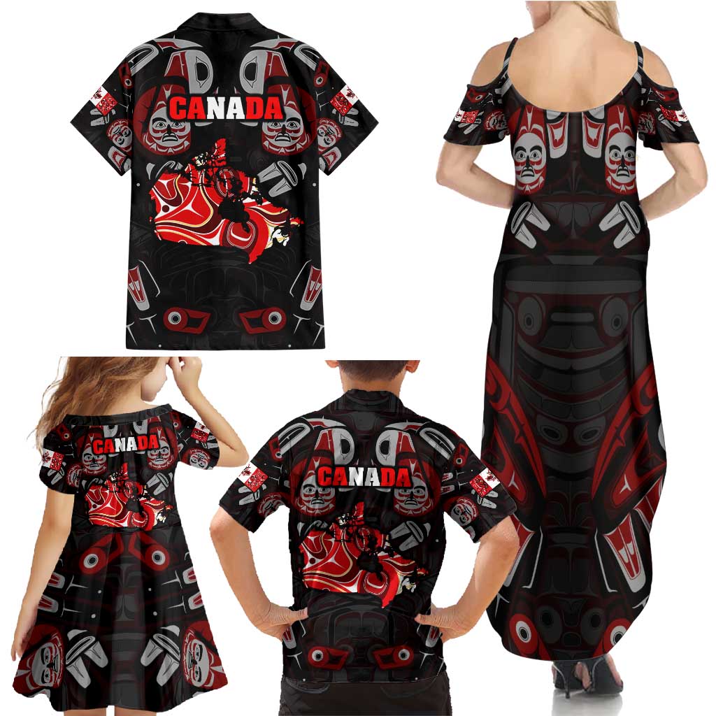 Haida Canada Day Family Matching Summer Maxi Dress and Hawaiian Shirt Totem Inspired Maple Leaf Indigenous Art