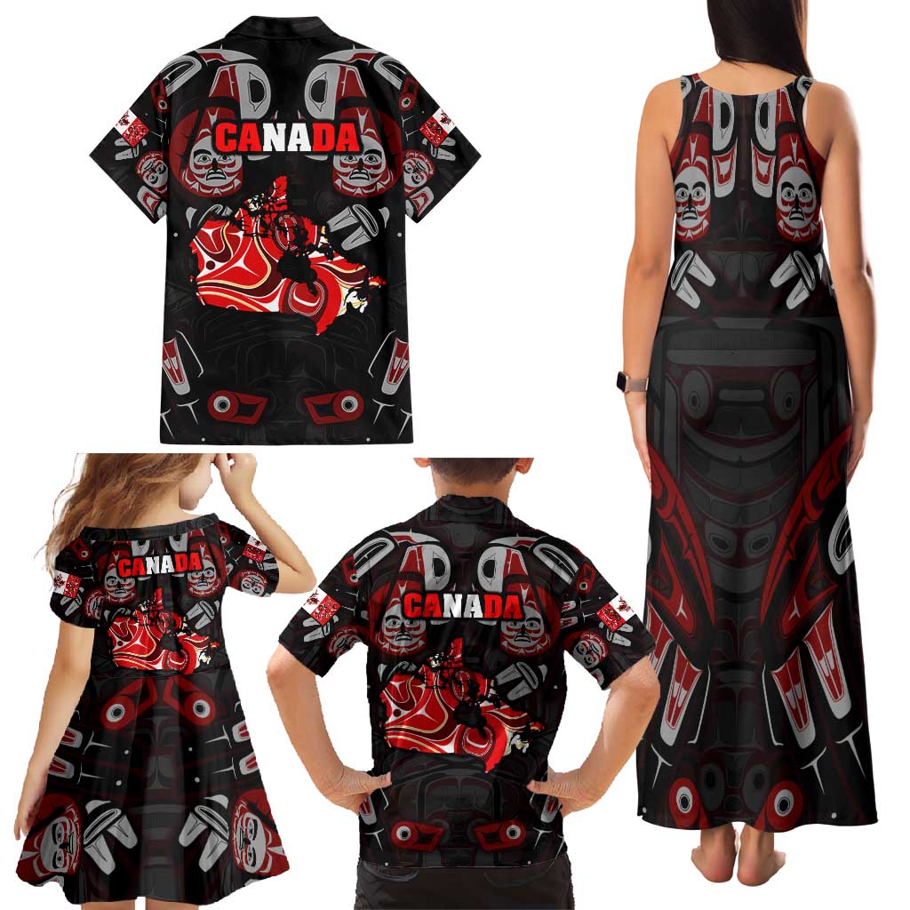 Haida Canada Day Family Matching Tank Maxi Dress and Hawaiian Shirt Totem Inspired Maple Leaf Indigenous Art