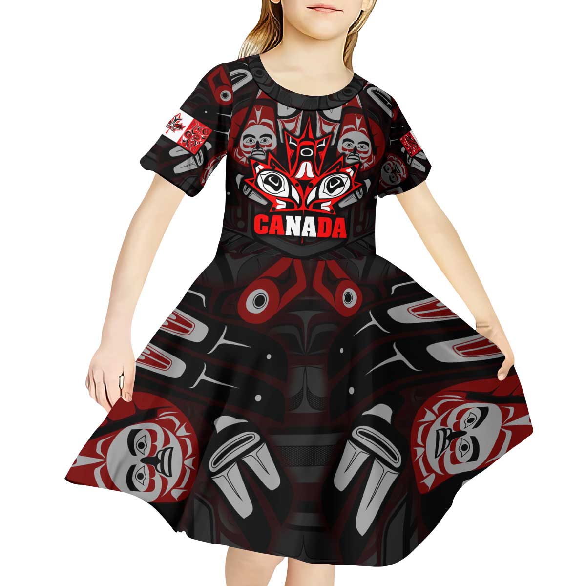Haida Canada Day Kid Short Sleeve Dress Totem Inspired Maple Leaf Indigenous Art