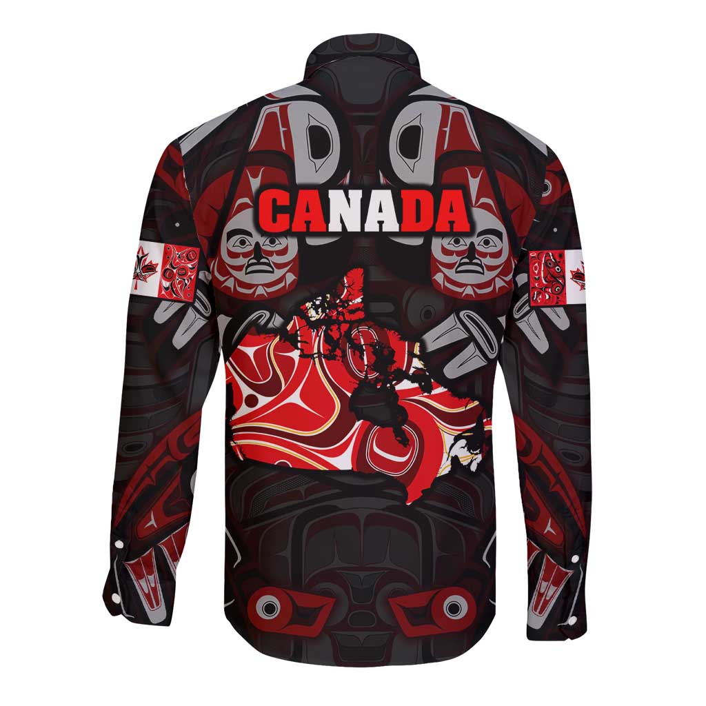 Haida Canada Day Long Sleeve Button Shirt Totem Inspired Maple Leaf Indigenous Art
