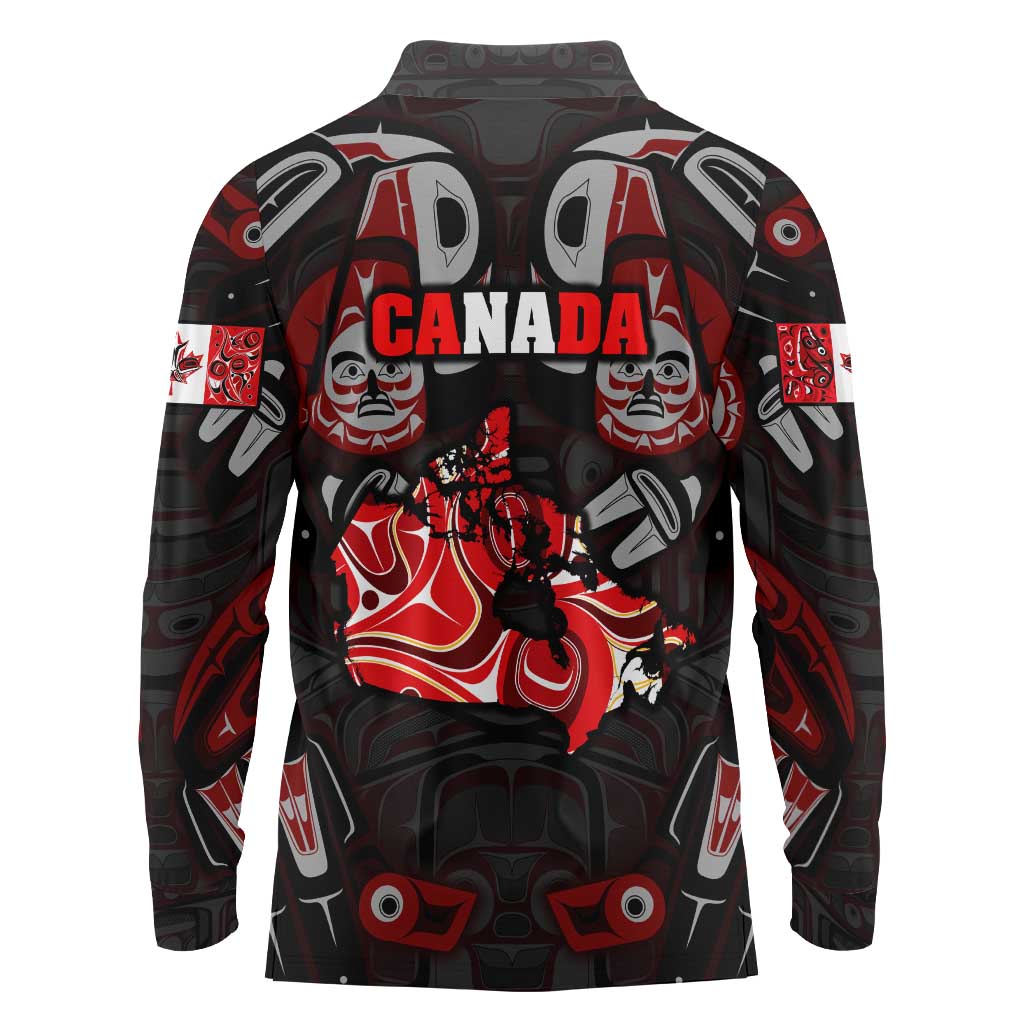 Haida Canada Day Long Sleeve Polo Shirt Totem Inspired Maple Leaf Indigenous Art