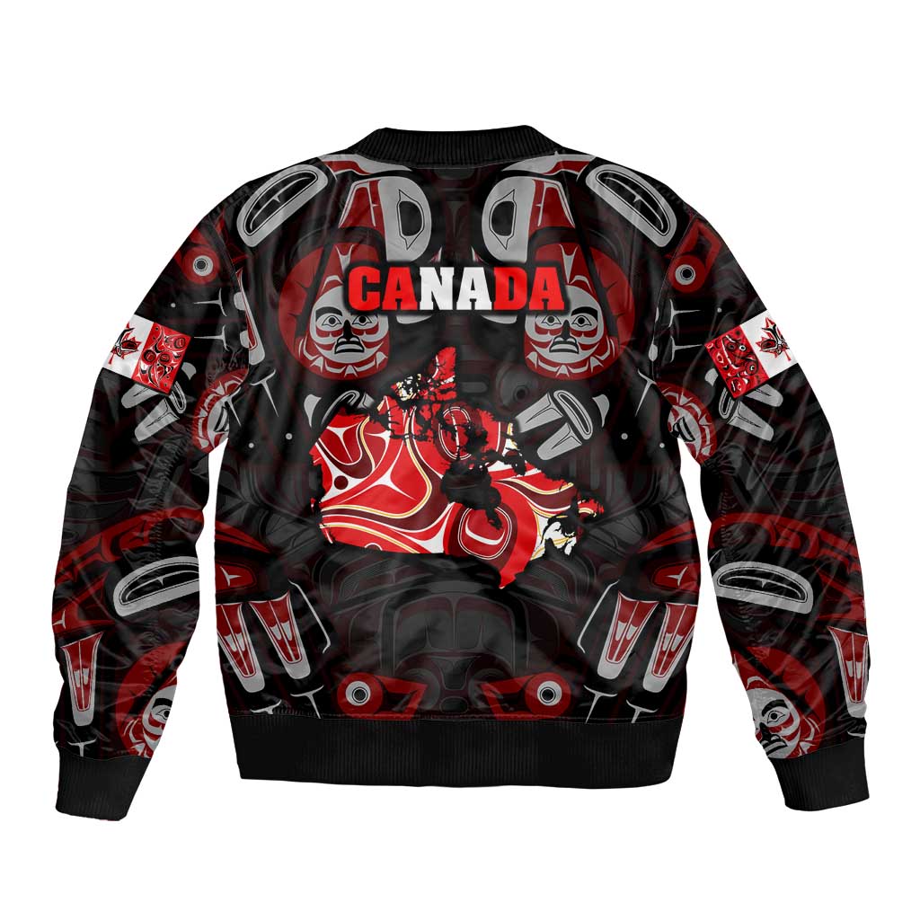 Haida Canada Day Sleeve Zip Bomber Jacket Totem Inspired Maple Leaf Indigenous Art