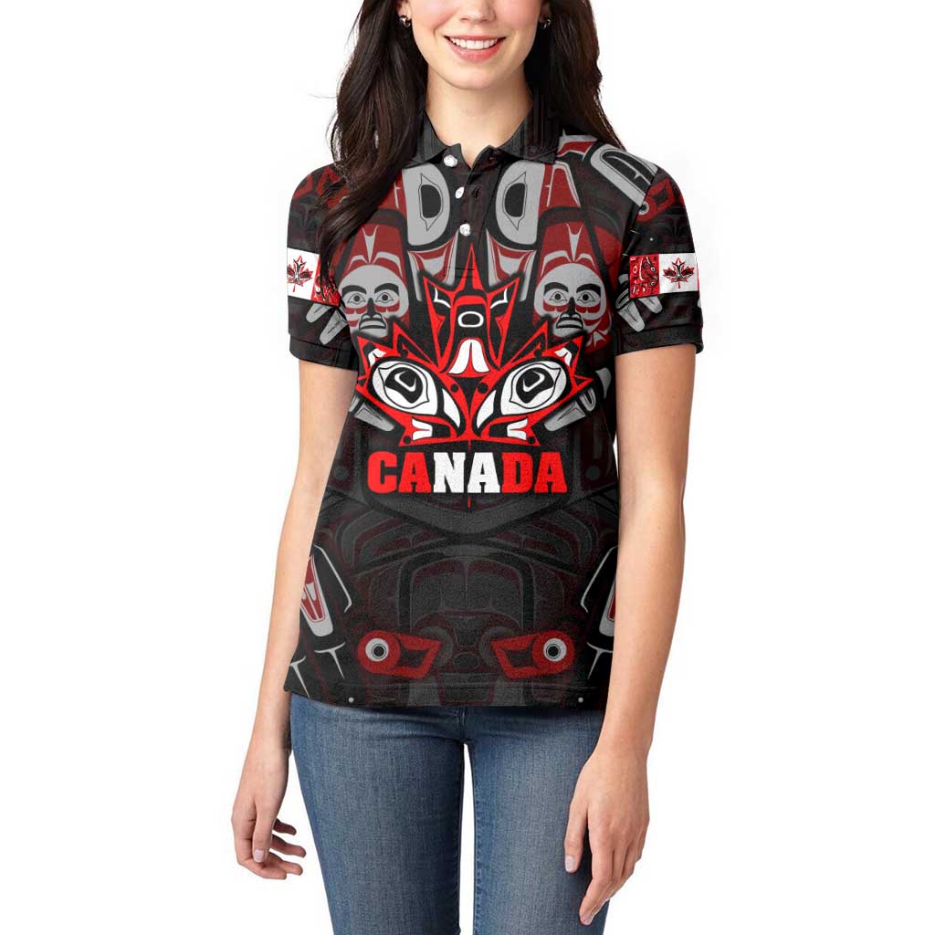 Haida Canada Day Women Polo Shirt Totem Inspired Maple Leaf Indigenous Art