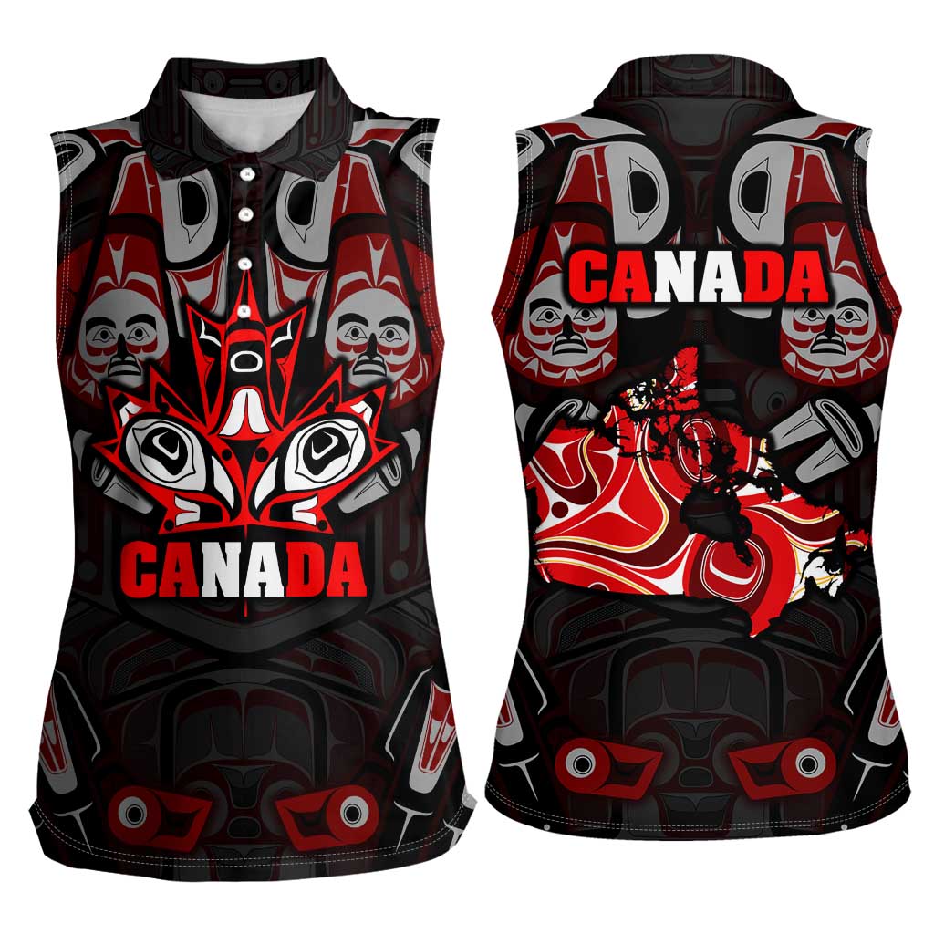 Haida Canada Day Women Sleeveless Polo Shirt Totem Inspired Maple Leaf Indigenous Art