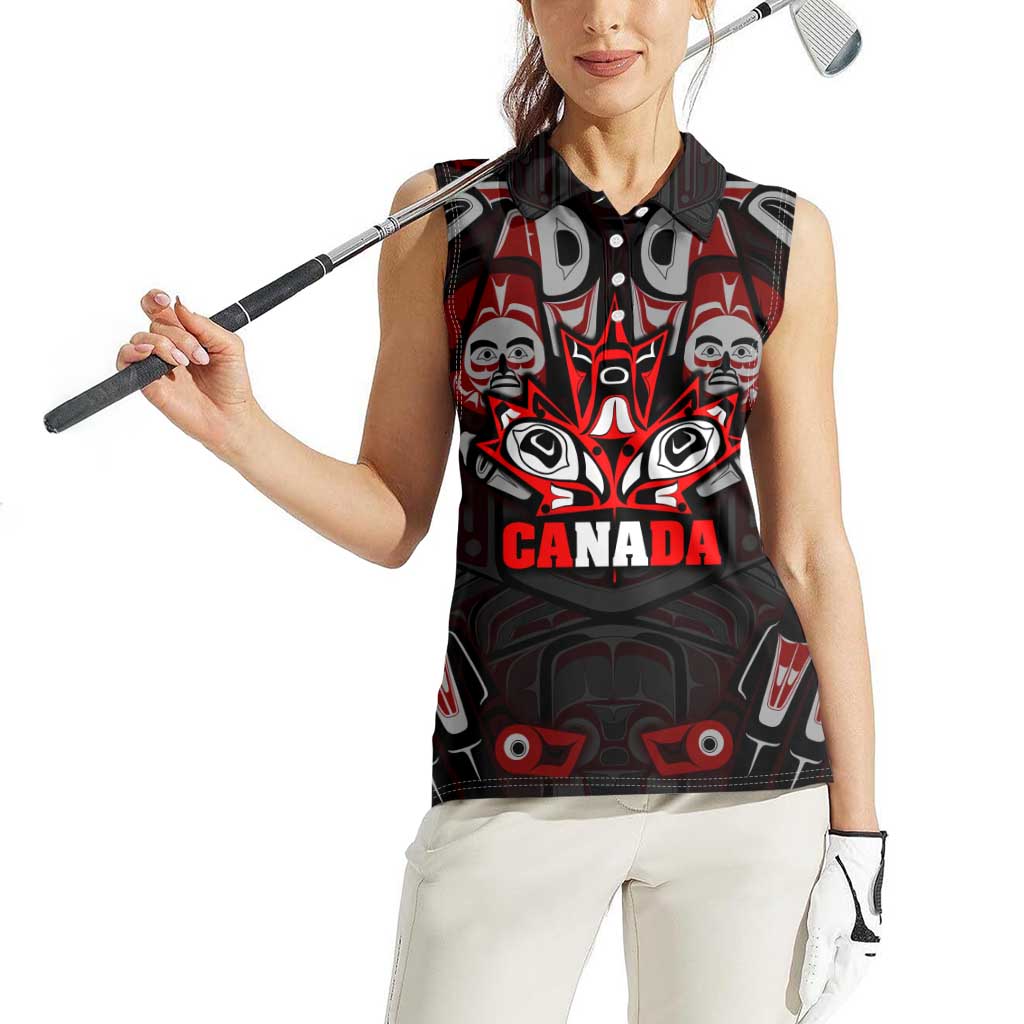 Haida Canada Day Women Sleeveless Polo Shirt Totem Inspired Maple Leaf Indigenous Art