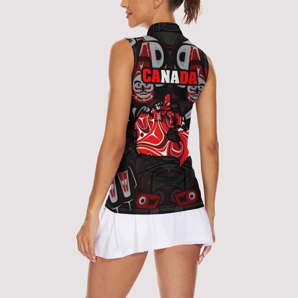 Haida Canada Day Women Sleeveless Polo Shirt Totem Inspired Maple Leaf Indigenous Art