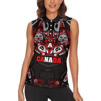 Haida Canada Day Women Sleeveless Polo Shirt Totem Inspired Maple Leaf Indigenous Art