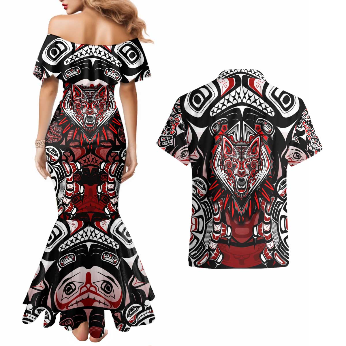 Haida Wolf Couples Matching Mermaid Dress and Hawaiian Shirt Canada Indigenous Art