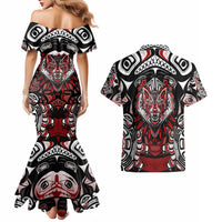 Haida Wolf Couples Matching Mermaid Dress and Hawaiian Shirt Canada Indigenous Art