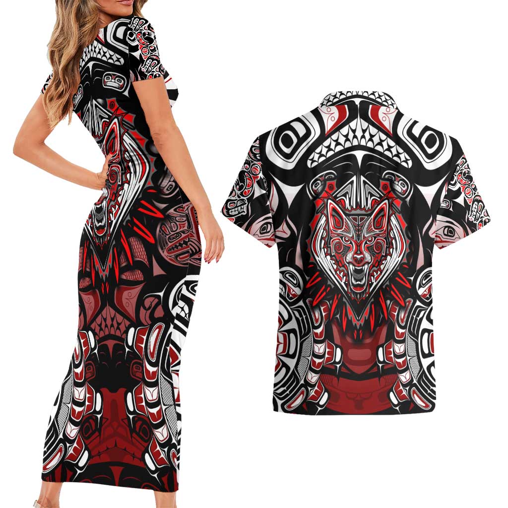 Haida Wolf Couples Matching Short Sleeve Bodycon Dress and Hawaiian Shirt Canada Indigenous Art