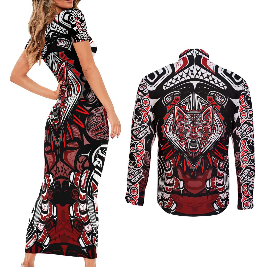 Haida Wolf Couples Matching Short Sleeve Bodycon Dress and Long Sleeve Button Shirt Canada Indigenous Art