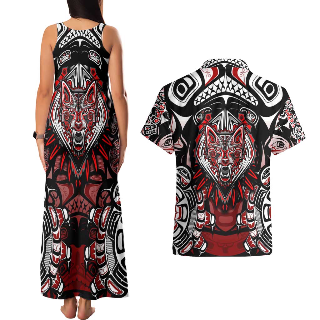 Haida Wolf Couples Matching Tank Maxi Dress and Hawaiian Shirt Canada Indigenous Art