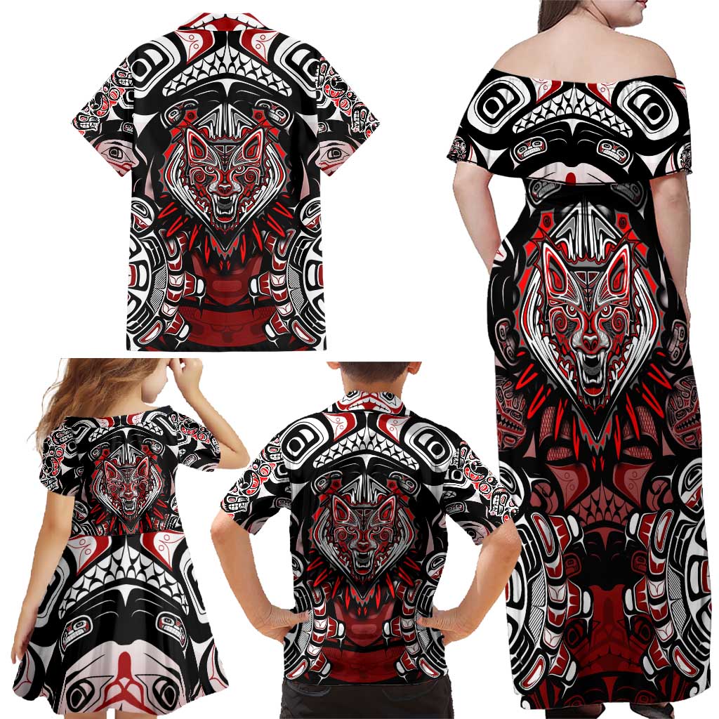 Haida Wolf Family Matching Off Shoulder Maxi Dress and Hawaiian Shirt Canada Indigenous Art