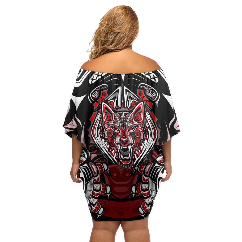 Haida Wolf Family Matching Off Shoulder Short Dress and Hawaiian Shirt Canada Indigenous Art
