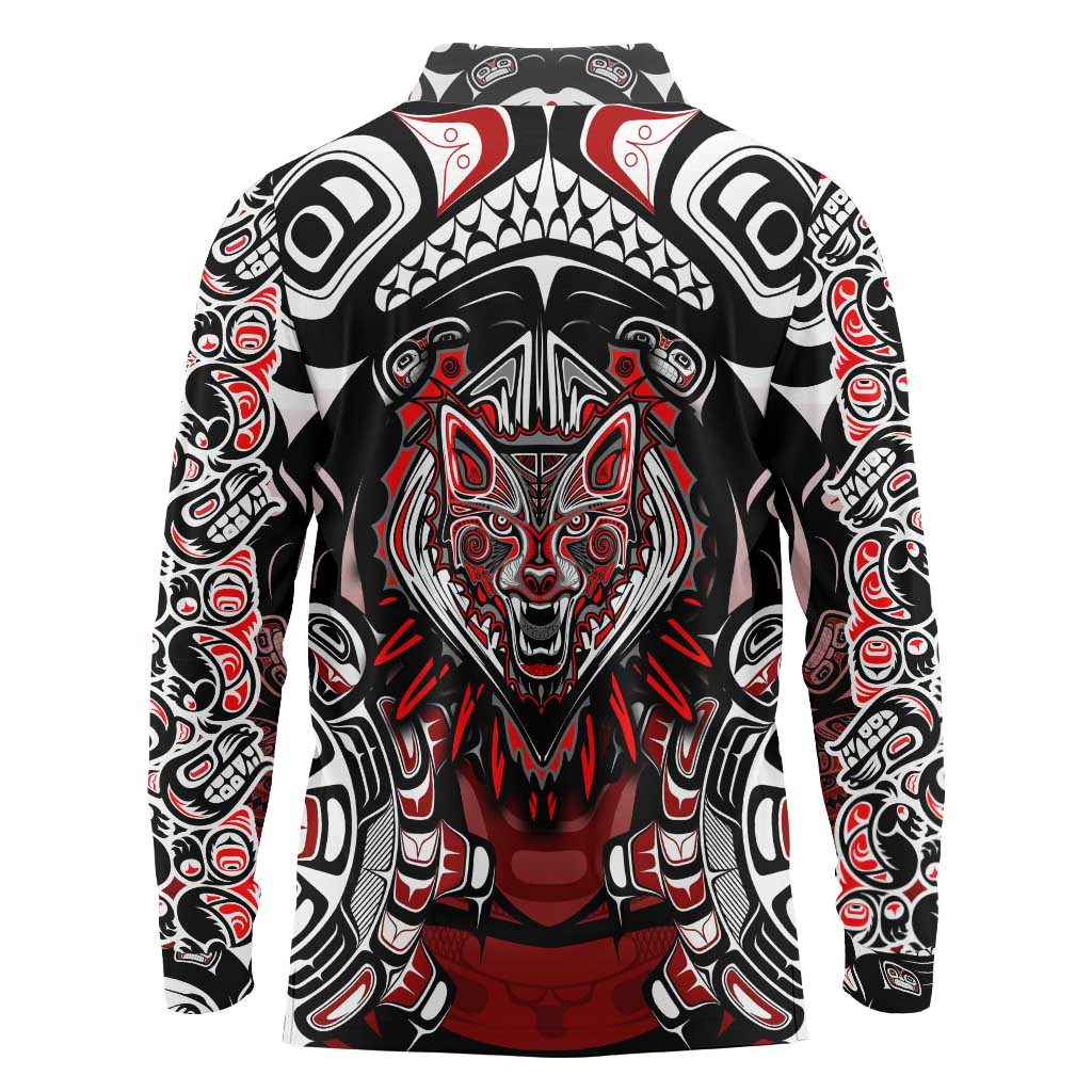 Haida Wolf Long Sleeve Polo Shirt Canada Indigenous Art
