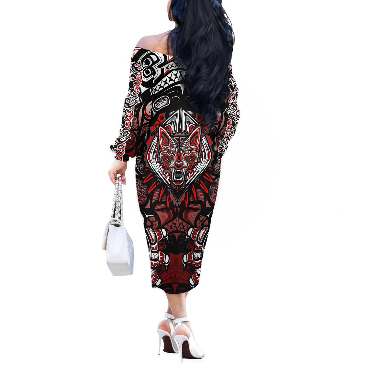 Haida Wolf Off The Shoulder Long Sleeve Dress Canada Indigenous Art