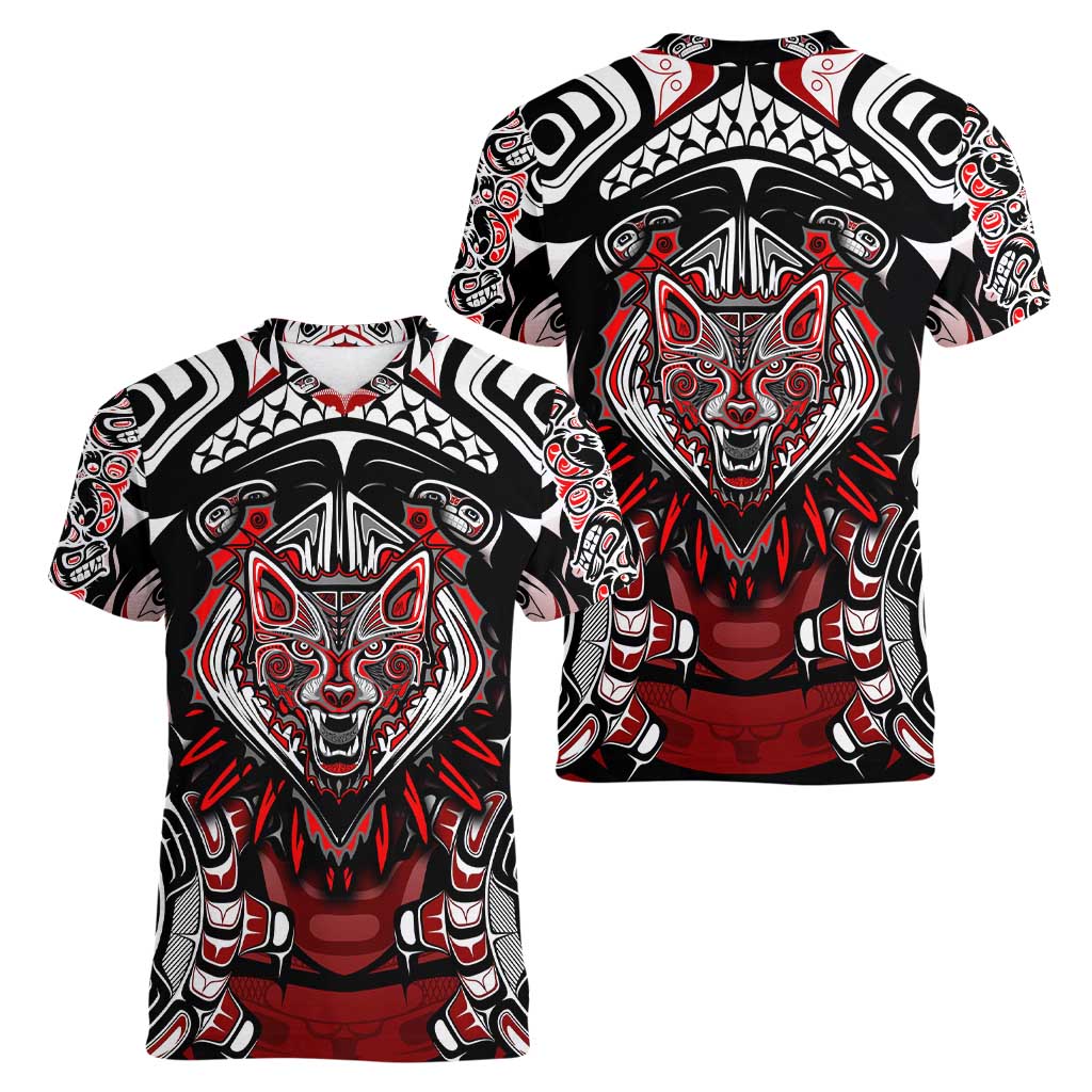 Haida Wolf Women V-Neck T-Shirt Canada Indigenous Art