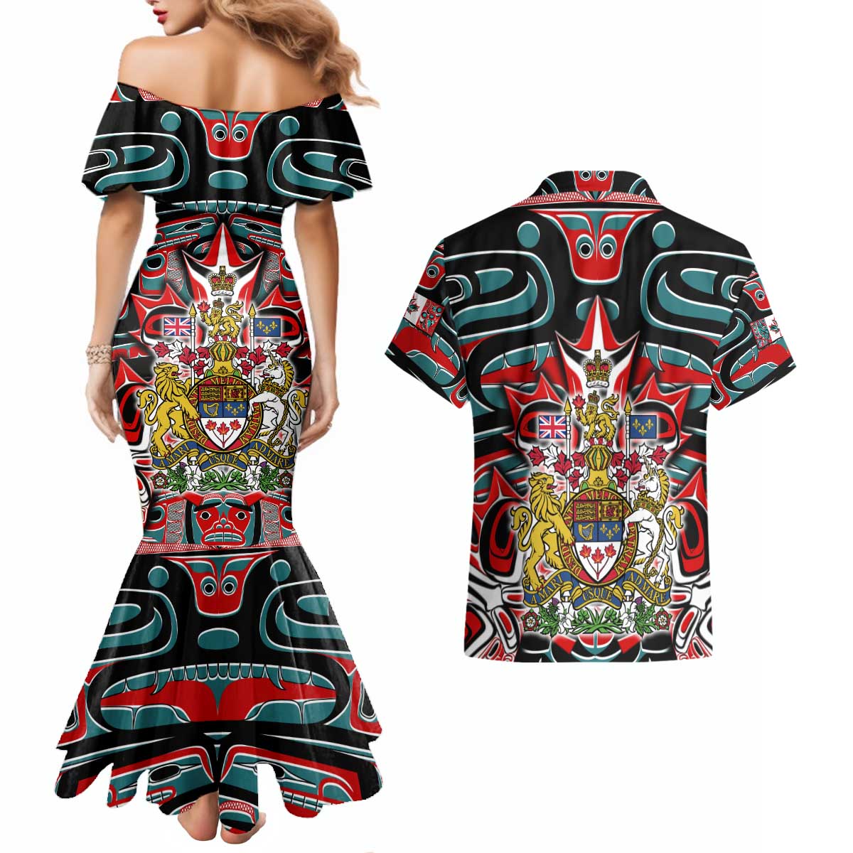 Canada Coat of Arms Haida Couples Matching Mermaid Dress and Hawaiian Shirt Maple Leaf Flag Indigenous Art