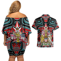 Canada Coat of Arms Haida Couples Matching Off Shoulder Short Dress and Hawaiian Shirt Maple Leaf Flag Indigenous Art