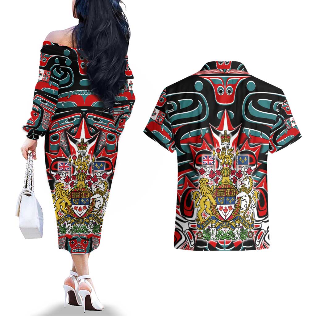 Canada Coat of Arms Haida Couples Matching Off The Shoulder Long Sleeve Dress and Hawaiian Shirt Maple Leaf Flag Indigenous Art