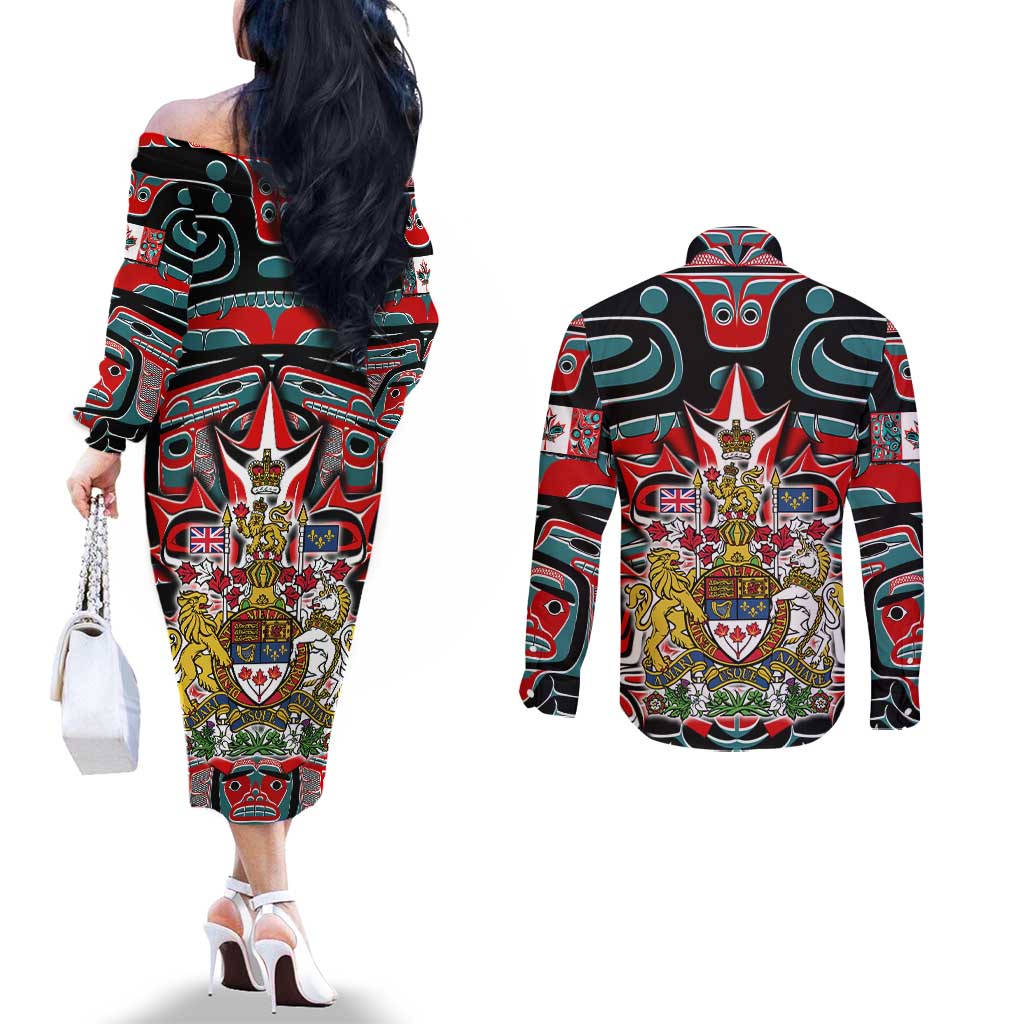 Canada Coat of Arms Haida Couples Matching Off The Shoulder Long Sleeve Dress and Long Sleeve Button Shirt Maple Leaf Flag Indigenous Art