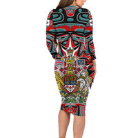 Canada Coat of Arms Haida Family Matching Long Sleeve Bodycon Dress and Hawaiian Shirt Maple Leaf Flag Indigenous Art