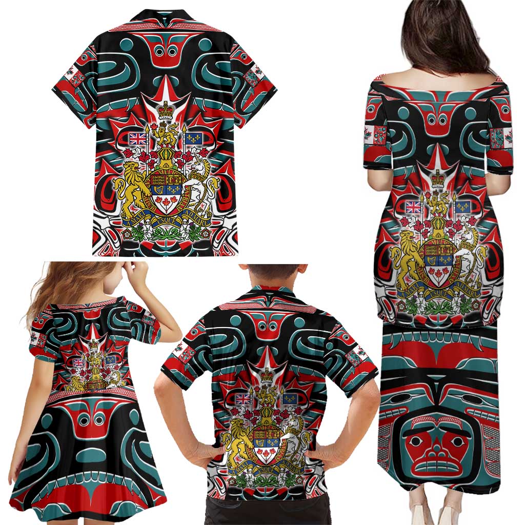 Canada Coat of Arms Haida Family Matching Puletasi and Hawaiian Shirt Maple Leaf Flag Indigenous Art