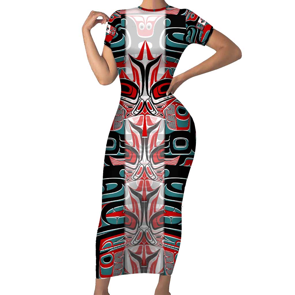 Canada Coat of Arms Haida Family Matching Short Sleeve Bodycon Dress and Hawaiian Shirt Maple Leaf Flag Indigenous Art