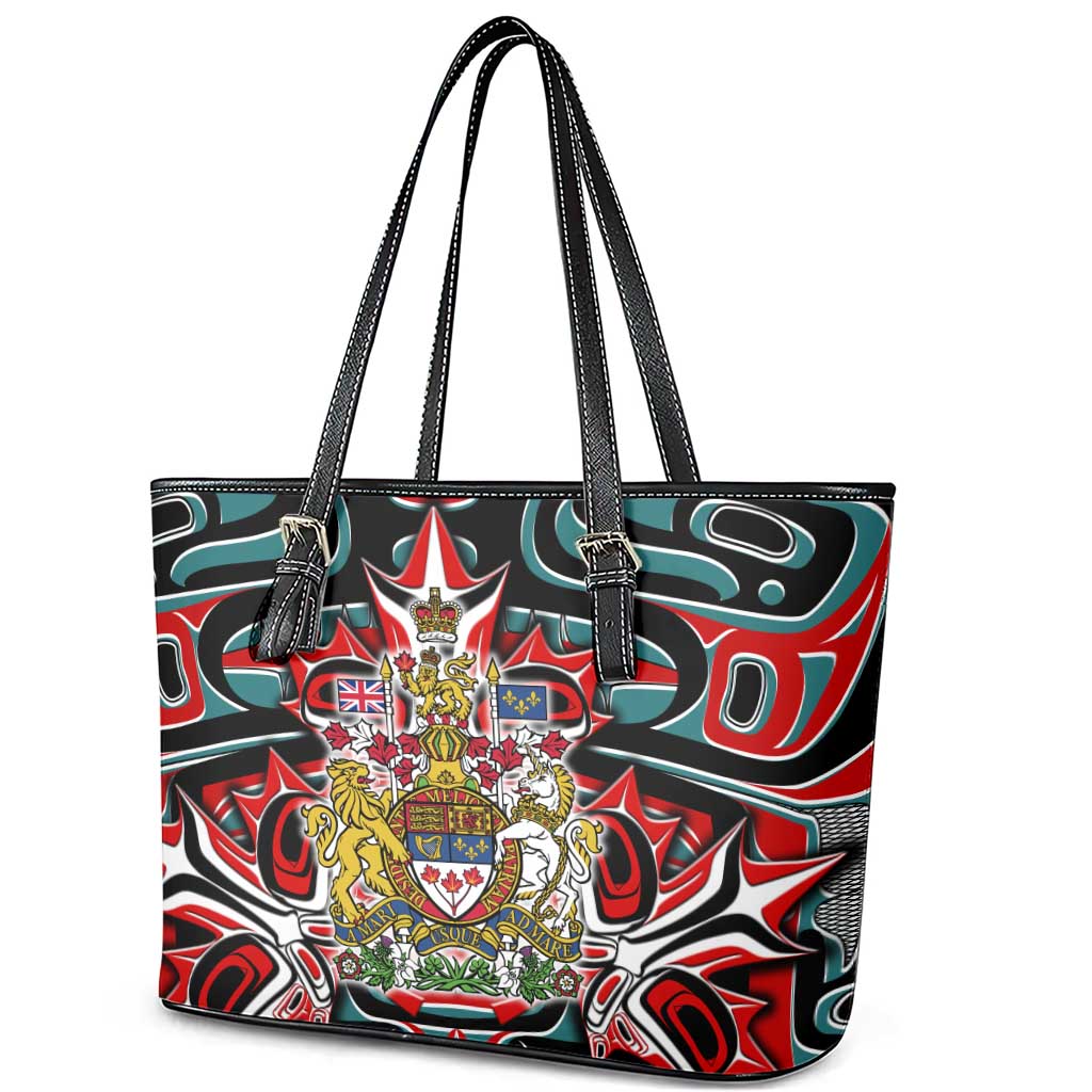 Canada Coat of Arms Haida Leather Tote Bag Maple Leaf Flag Indigenous Art