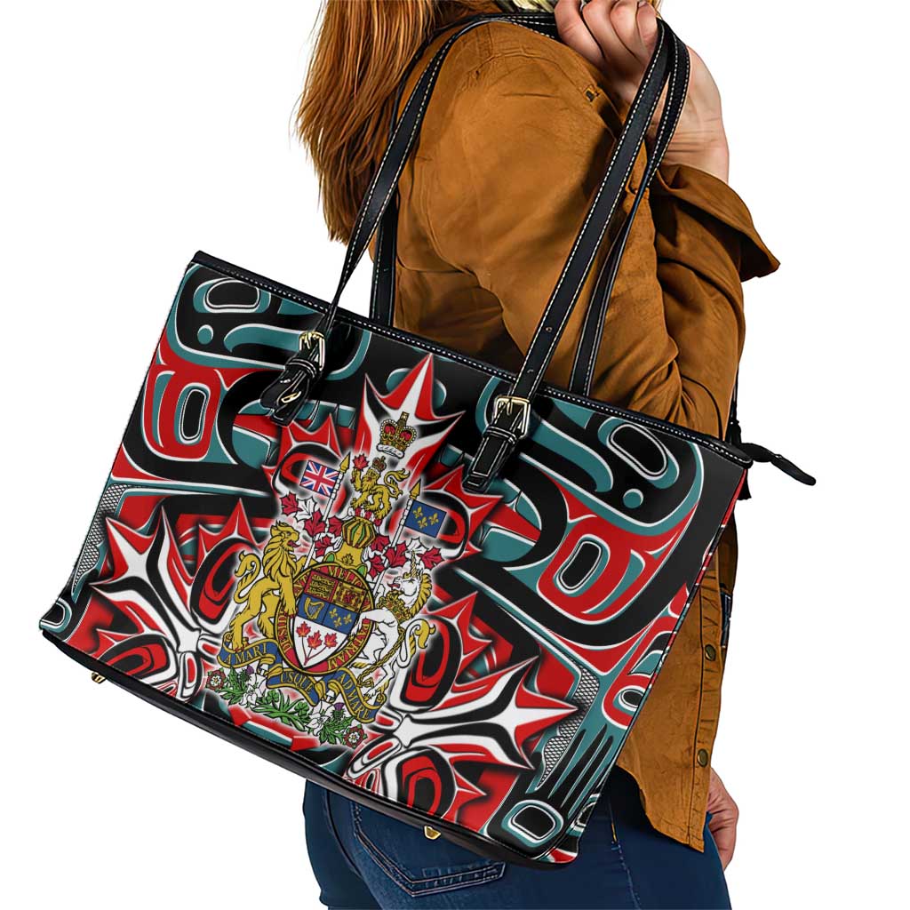 Canada Coat of Arms Haida Leather Tote Bag Maple Leaf Flag Indigenous Art