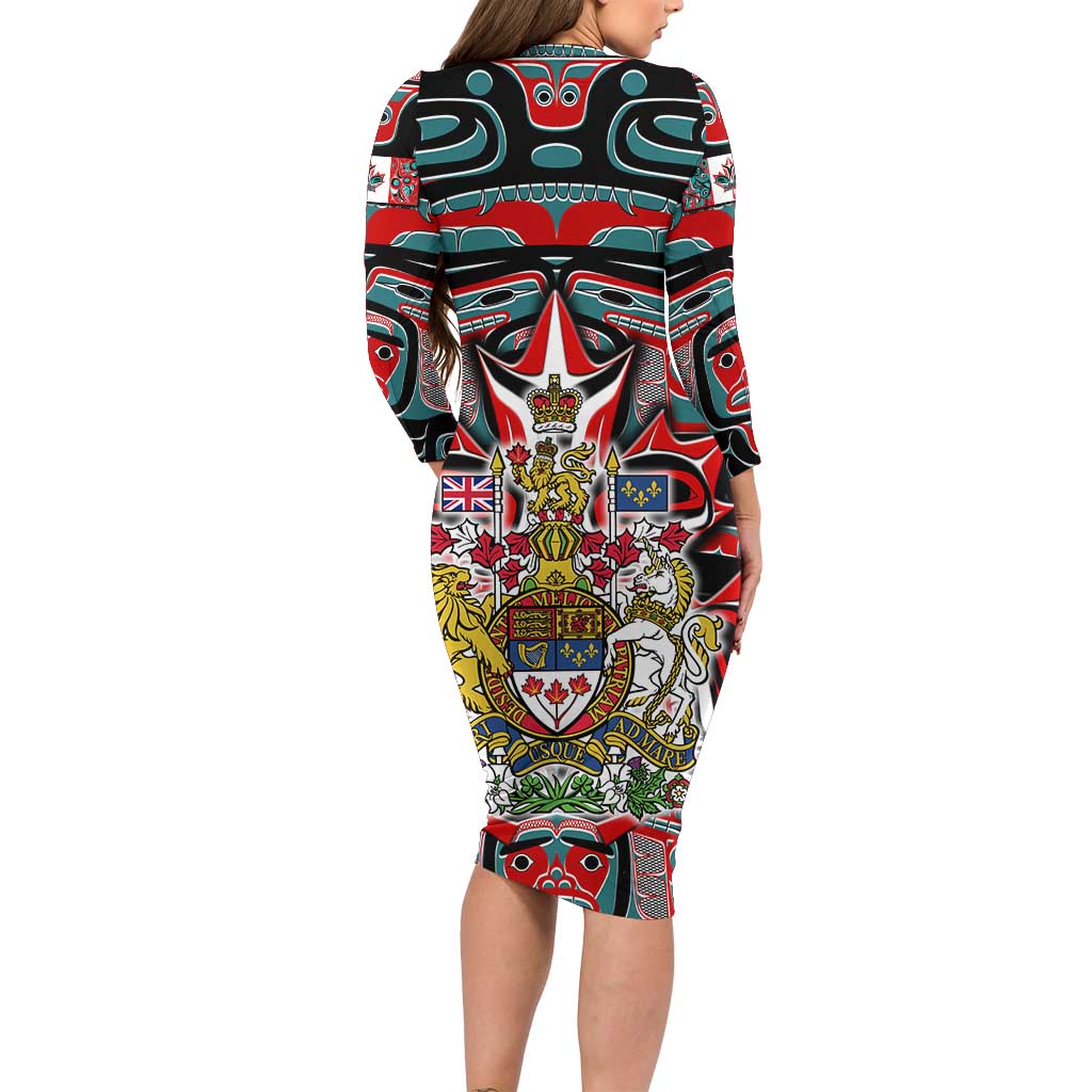 Canada Coat of Arms Haida Long Sleeve Bodycon Dress Maple Leaf Flag Indigenous Art