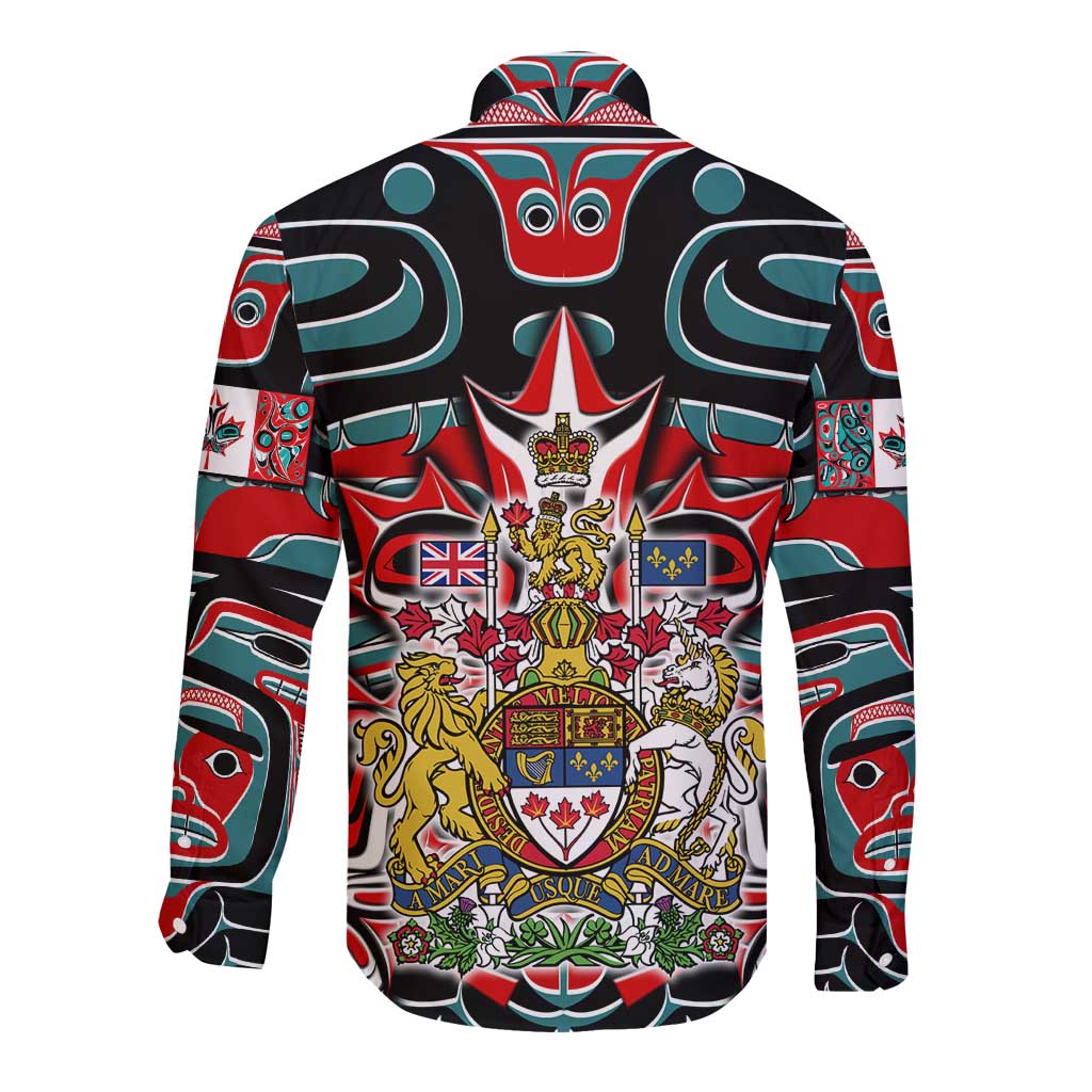 Canada Coat of Arms Haida Long Sleeve Button Shirt Maple Leaf Flag Indigenous Art