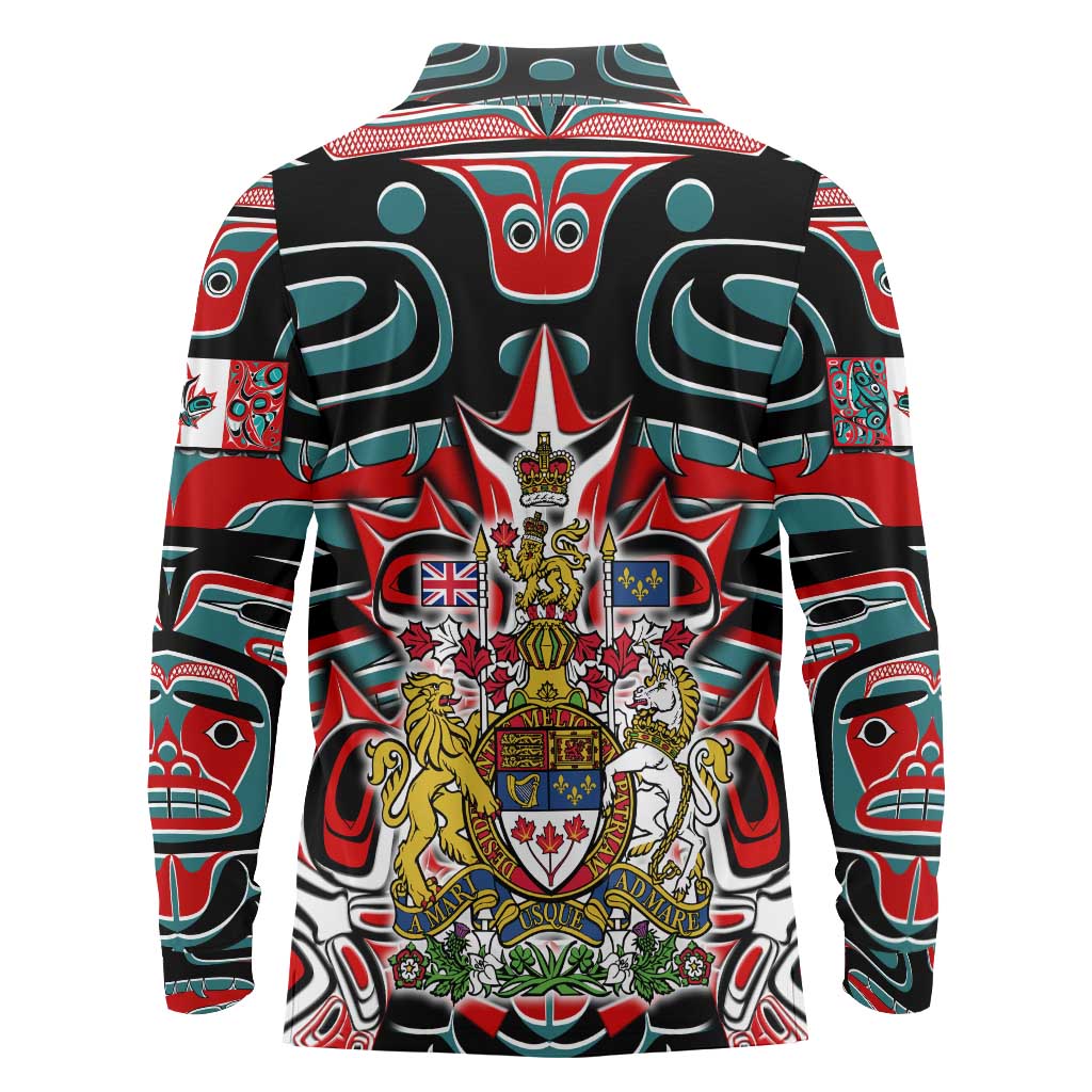 Canada Coat of Arms Haida Long Sleeve Polo Shirt Maple Leaf Flag Indigenous Art