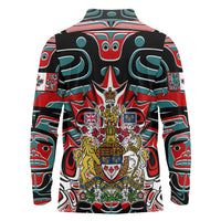 Canada Coat of Arms Haida Long Sleeve Polo Shirt Maple Leaf Flag Indigenous Art